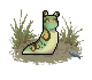 Pixel art of a young green slugcat with golden & brown markings.